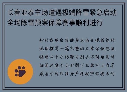 长春亚泰主场遭遇极端降雪紧急启动全场除雪预案保障赛事顺利进行 长春亚泰主场遭遇极端降雪紧急启动全场除雪预案保障赛事顺利进行